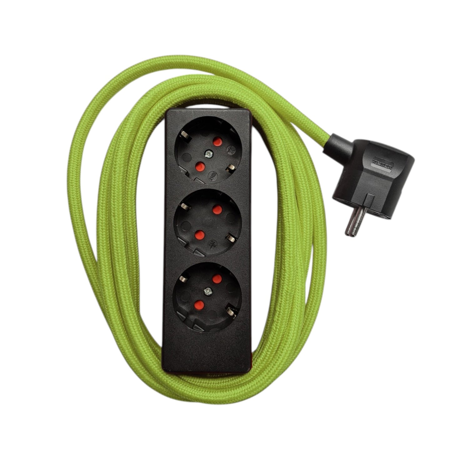 Njustudio 3fach Steckerleiste Stromer schwarz mit farbigem Textilkabel