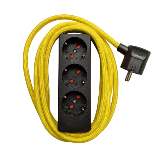 Njustudio 3fach Steckerleiste Stromer schwarz mit farbigem Textilkabel
