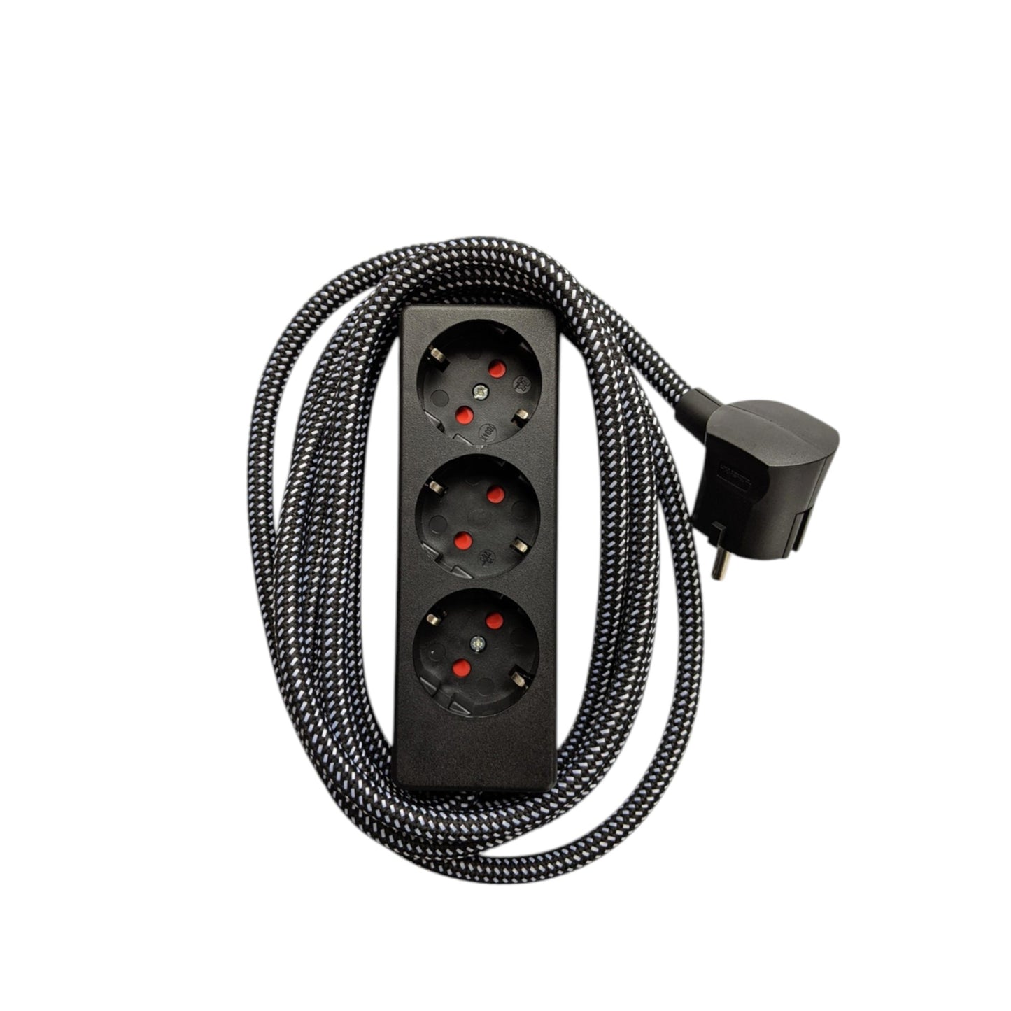 Njustudio 3fach Steckerleiste Stromer schwarz mit farbigem Textilkabel