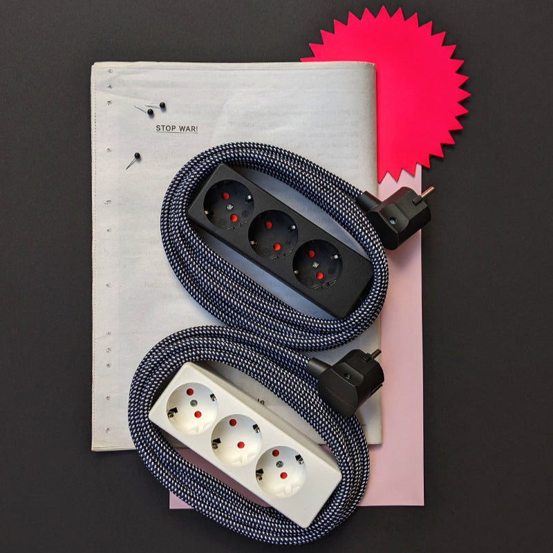 Njustudio 3fach Steckerleiste Stromer schwarz mit farbigem Textilkabel